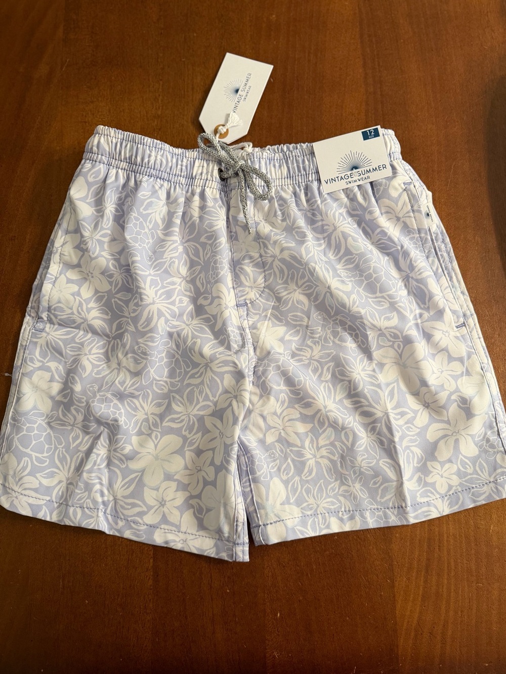 Boys Vintage Summer Violet Print Swim Trunks, size 12